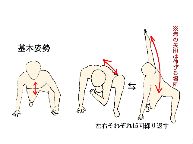 ディープランジオープナーの基本の姿勢は①足を前後に大きく開く②前足と反対の手は肘を伸ばして体を支える③後ろ足は伸ばして膝はつけない。ストレッチの手順は①前足と同側の手の肘をグーッと体の中に入れる②その後、中に入れた手を天井に向かって大きく伸ばす③15回繰り返す④足を入れ替え反対の手で同様に行う